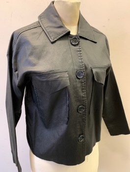 OAT, Black, Rayon, Polyester, Solid, Stretch Material, 4 Buttons, Collar Attached, Raw Edge at Hem and Cuffs, 2 Large Patch Pockets with Flaps at Chest