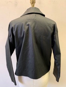 OAT, Black, Rayon, Polyester, Solid, Stretch Material, 4 Buttons, Collar Attached, Raw Edge at Hem and Cuffs, 2 Large Patch Pockets with Flaps at Chest
