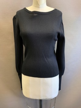 LEA & VIOLA, Black, Rayon, Nylon, Solid, Rib Knit, Long Blousy Sleeves with Fitted Cuffs, Scoop Neck, Fitted