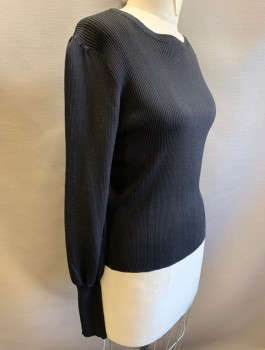 LEA & VIOLA, Black, Rayon, Nylon, Solid, Rib Knit, Long Blousy Sleeves with Fitted Cuffs, Scoop Neck, Fitted
