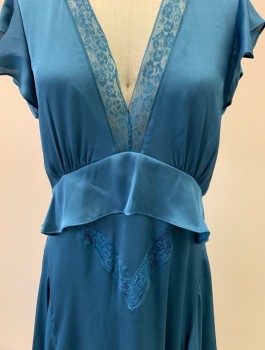 BCBG, Cerulean Blue, Polyester, Solid, V-N Lace, Ruffle S/S, Ruffle V Waist, Side Ruffle Grommet, Zipper At Back