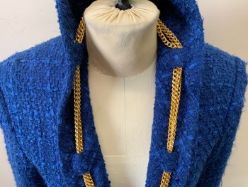GIANCARLO FERRARI, Royal Blue, Gold, Acrylic, Polyester, Solid, Self Plaid Weave, Open Front, Gold Chain Trimmed Shawl Collar, Belt Loops,