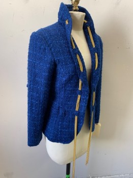 GIANCARLO FERRARI, Royal Blue, Gold, Acrylic, Polyester, Solid, Self Plaid Weave, Open Front, Gold Chain Trimmed Shawl Collar, Belt Loops,