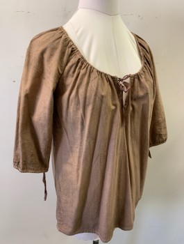 Womens, Historical Fiction Blouse, N/L MTO, Lt Brown, Cotton, Solid, B:38, Peasant Blouse, Drawstring, Scoop Neck with Keyhole at Center Front, 3/4 Raglan Sleeves with Drawstring Cuffs, Very Aged/Dirty, Made To Order