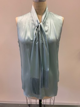 ELIE TAHARI, Mint Green, Silk, Solid, V-N, Neck, Tie Attached With Fringe, Sleeveless