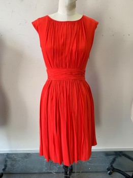 BODEN, Red-Orange, Viscose, Polyester, Solid, at Knee, Side Zipper, Self Button Back, Round Neck