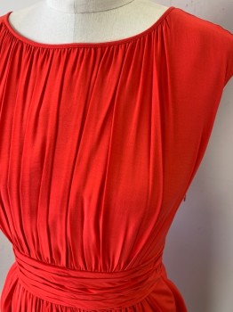 BODEN, Red-Orange, Viscose, Polyester, Solid, at Knee, Side Zipper, Self Button Back, Round Neck