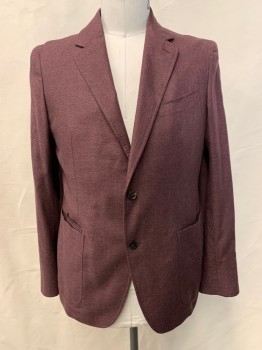 ZEGNA ERMENEGILDO, Plum Purple, Silk, Polyester, Solid, 2 Buttons, Single Breasted, Notched Lapel, 3 Pockets (2 Patch), Elbow Patches, Top Stitch Detail, Unlined Soft Structure