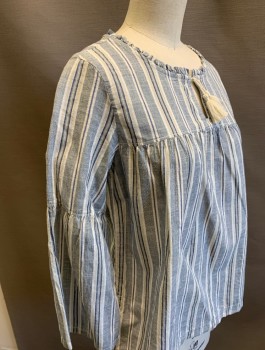 Childrens, Blouse, GAP, Slate Blue, White, Ecru, Cotton, Stripes - Vertical , Girls, XL, Girls, 3/4 Sleeves, Round Neck with Self Ruffled Edge, Cream Drawstrings with Tassled Ends above Keyhole Opening, Yoke Across Chest, Gathered at Yoke, 1 Button at Center Back Neck