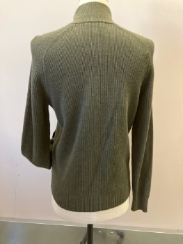 BANANA REPUBLIC, Olive Green, Cotton, Solid, Heavy Weight, Zip Front, Stand Collar, All Over Rib Knit, 2 Vertical Welt Pckt, Raglan L/S,