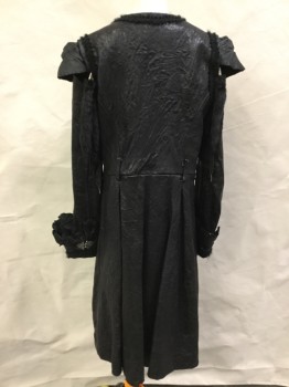 Childrens, Sci-Fi/Fantasy Coat/Jacket, MTO, Black, Silver, Leather, Metallic/Metal, 30, Coat, 1700's - 4 Hook & Eyes Center Front, Skull Embossed Shoulder Caps, Lacing/Ties at Arms Eyes,wide Cuffs with Silver Filigree Hook & Eyes, Fuzzy Braided Trim Applique, Belt Loops, Little Fur Tails at Back Armseye