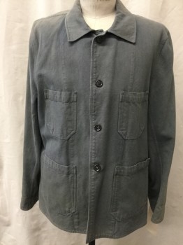 Mens, Historical Fiction Jacket, N/L, Gray, Cotton, Faded, 44, Duck, Faded, 4 Patch Pockets, Button Front, Collar Attached,