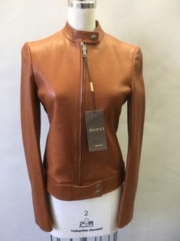 Womens, Leather Jacket, GUCCI, Chestnut Brown, Leather, Solid, XS, B:32, Smooth Chestnut Leather, Zip Front, Stand Collar, 2 Pockets Along Princess Seams, Lining is Rust Silk with Novelty Western Straps/Buckles Pattern, High End/Designer