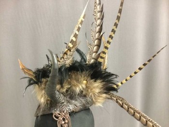 Unisex, Sci-Fi/Fantasy Headpiece, MISS G DESIGNS, Dk Brown, Black, Tan Brown, Feathers, Leather, Barbarian Feather And Faux Horn Headpiece, Macramé Sides Hang Over The Ears, Pheasant Feathers, Leather Crown Looks Like A Turtle Shell, Large Brass Brads On Sides, Wood Bead