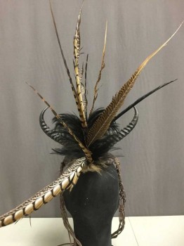 Unisex, Sci-Fi/Fantasy Headpiece, MISS G DESIGNS, Dk Brown, Black, Tan Brown, Feathers, Leather, Barbarian Feather And Faux Horn Headpiece, Macramé Sides Hang Over The Ears, Pheasant Feathers, Leather Crown Looks Like A Turtle Shell, Large Brass Brads On Sides, Wood Bead
