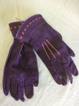 Womens, Leather Gloves, PAMELA WOODS, Purple, Orange, Brown, Leather, Solid, Floral, S, Purple W/orange,brown Square Block Floral Embroidery Trim Top, 3 Embroidery Stitches Seams On Top, Hand-stitches On Fingers, 1 Button, Double, See FC013594
