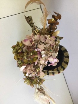 Womens, Historical Fiction Hat, Pink, Lavender Purple, Green, Yellow, Feathers, Floral, Hairpiece, Fascinater, Faded Flowers And Feathers, Aged/Distressed,  12" From End To End