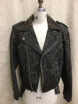 Mens, Leather Jacket, NO LABEL, Black, Blue, Red, Leather, Cotton, Solid, Plaid, 40, Long Sleeves, Metal Studs, Motorcycle, Grunge, Sewn In Plaid, Distressed, Worn Leather, Shoulder Epaulets, Zip Pockets, Zippers At Cuffs, 2 Back Vertical Zippers