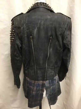 Mens, Leather Jacket, NO LABEL, Black, Blue, Red, Leather, Cotton, Solid, Plaid, 40, Long Sleeves, Metal Studs, Motorcycle, Grunge, Sewn In Plaid, Distressed, Worn Leather, Shoulder Epaulets, Zip Pockets, Zippers At Cuffs, 2 Back Vertical Zippers