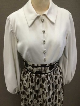Womens, 1960s Vintage, Dress, MTO, Ivory White, Dk Brown, Black, Polyester, Solid, Geometric, 25W, 34B, 2 Piece With Vest, Solid Ivory Polyester Bodice, Long Sleeves, Ball Rhinestone Buttons, Center Back Zipper,  Knife Pleat Skirt, Grid And Polka Dot Pattern Skirt, Long Length Skirt, Collar Attached,
