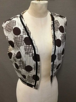 Womens, 1960s Vintage, Dress, MTO, Ivory White, Dk Brown, Black, Polyester, Solid, Geometric, 25W, 34B, 2 Piece With Vest, Solid Ivory Polyester Bodice, Long Sleeves, Ball Rhinestone Buttons, Center Back Zipper,  Knife Pleat Skirt, Grid And Polka Dot Pattern Skirt, Long Length Skirt, Collar Attached,