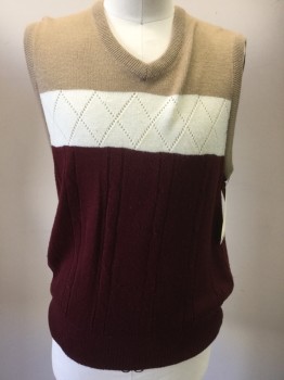 Mens, Vest, ANDREW ST. JOHN, Tan Brown, Cream, Red Burgundy, Acrylic, Color Blocking, Cable Knit, M, V-neck, Pull Over