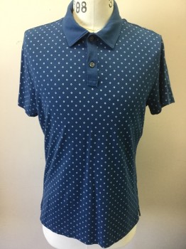 BANANA REPUBLIC, Navy Blue, Dk Orange, Cotton, Diamonds, Royal Blue with Small White Square Diamond Print, Solid Blue Collar Attached, & Placket Front, 2 Button Front, Short Sleeves, Side Split Hem