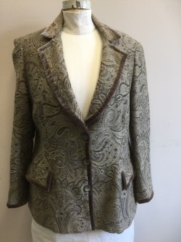 N/L, Olive Green, Taupe, Mint Green, Wool, Paisley/Swirls, Olive Velvet Trim, Single Breasted, C.A., Notched Lapel, 3 Bttns, 2 Flap Pockets