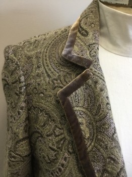 N/L, Olive Green, Taupe, Mint Green, Wool, Paisley/Swirls, Olive Velvet Trim, Single Breasted, C.A., Notched Lapel, 3 Bttns, 2 Flap Pockets