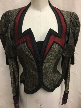 Womens, Historical Fiction Bodice, N/L, Taupe, Black, Dk Red, Gray, Polyester, Silk, Geometric, W:22, B:30, Taupe with Black Squares and Circles Pattern Brocade, Long Sleeves, Hook& Eye and Snap Closures At Center Front, with Hidden Velcro Panel, Square Neck with Pointed/Zig Zagged Sides, Black and Dark Red Taffeta Trim, Black Decorative Buttons At Center Front Waist, Red Taffeta Shield Shape Appliques At Shoulders with Large Hanging Black Tassles, Puffy Short Outer Sleeve with Gathered Shoulder, Tapered Under Sleeve with Gray and Red Striped Organza Ruffle At Cuffs, Made To Order