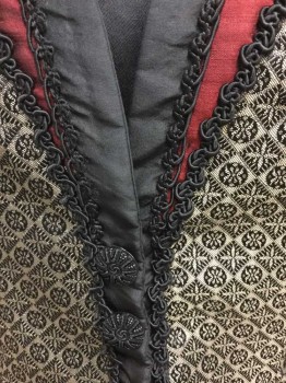 Womens, Historical Fiction Bodice, N/L, Taupe, Black, Dk Red, Gray, Polyester, Silk, Geometric, W:22, B:30, Taupe with Black Squares and Circles Pattern Brocade, Long Sleeves, Hook& Eye and Snap Closures At Center Front, with Hidden Velcro Panel, Square Neck with Pointed/Zig Zagged Sides, Black and Dark Red Taffeta Trim, Black Decorative Buttons At Center Front Waist, Red Taffeta Shield Shape Appliques At Shoulders with Large Hanging Black Tassles, Puffy Short Outer Sleeve with Gathered Shoulder, Tapered Under Sleeve with Gray and Red Striped Organza Ruffle At Cuffs, Made To Order