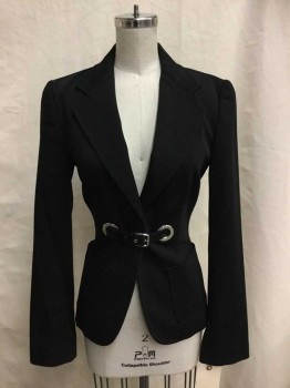 DOLCE & GABBANA, Black, Acetate, Nylon, Solid, Notched Lapel, 1 Snap Front, 2 Pckts, Top Stitching, 2 Silver Grommets At Waist with Patent Leather 1/2 Belt