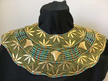 Unisex, Historical Fiction Collar, Gold, Turquoise Blue, Red, Royal Blue, Metallic/Metal, Beaded, Geometric, Floral,  , Gold Mesh Western, Embossed Floral Cut Outs Attached and Beading, Tie Back Close, Soft Scallopped Edge