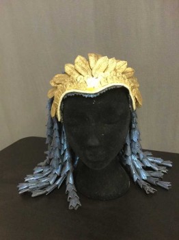 Unisex, Sci-Fi/Fantasy Headpiece, M.T.O., Gold, Black, Blue, Leather, Plastic, Egyptian Fantasy Headpiece. Short Felt Skull Cap with Gold Plastic Feathered Front with Metallic Black-blue Tulip Shaped Tassles Made Of Leather.
