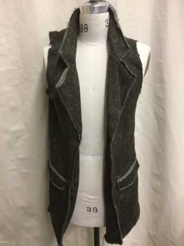 Unisex, Sci-Fi/Fantasy Vest, MIMI CHICA, Brown, Olive Green, Dk Brown, Polyester, Herringbone, M, Altered From Existing (Likely Women's) Garment, Notch Collar/"Lapel", Open At Center Front, 2 Bronze Zipper Pockets At Hips, Raw/Unfinished Edges Throughout, No Lining, Hip Length, Holey/Aged In Spots
