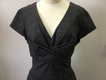CLASSIQUES ENTIER, Heather Gray, Wine Red, Lt Gray, Black, Wool, Plaid, Heather Charcoal Gray, with Black, Light Gray, Wine Plaid, V-neck W/folding Detail, Cap Sleeves, 2 Pleat, and 2 Side Pocket Skirt, Split Center Back Hem, Zip Back, ( 1" Ripped at Bottom Zipper)