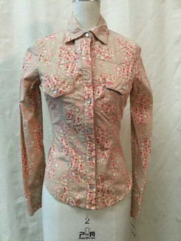 Womens, Shirt, NO LABEL, Lt Brown, Brown, Yellow, White, Red, Cotton, Spandex, Novelty Pattern, Floral, XS, Light Brown, Dark Brown/ Yellow/ White/ Red/ Novelty Print, Snap Front, Collar Attached, Long Sleeves, 2 Flap Pockets, Western Yolk