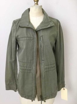 MADEWELL, Olive Green, Cotton, Solid, Zip Front, Drawstring at Waist, 4 Pockets, Army Parka Look