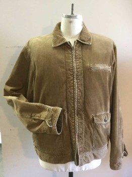 AMERICAN EAGLE, Taupe, Cotton, Polyester, Solid, Corduroy with Wear Look. Zip Front, 1 Zip Pocket, 2 Patch Pockets with Button Down Flaps. Polyester Fleece Lining