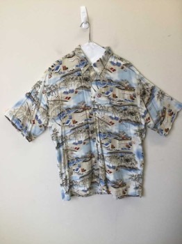 PIERRE CARDIN, Off White, Khaki Brown, Blue, Red, Black, Rayon, Novelty Pattern, Short Sleeves, Collar Attached, Button Front, 1 Pocket, with Gambling and Hawaiian Palm Tree Print