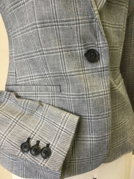 BANANA REPUBLIC, Heather Gray, Black, White, Viscose, Spandex, Plaid-  Windowpane, Heather Gray with Black/white Windowpane Plaid, Black Lining, Notched Lapel, Single Breasted, 1 Button Front, 2 Pockets, Long Sleeves,