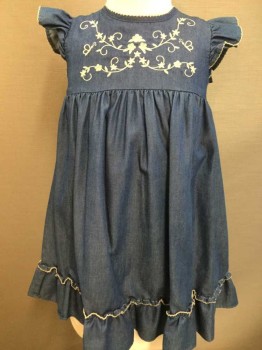 Childrens, Dress, IRIS & IVY, Blue, Taupe, Cotton, Polyester, Solid, Floral, 6, Sleeveless, Ruffle Shoulders, Round Neck,  Taupe Floral Embroidery, Buttons Center Back,