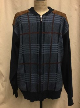 INSERCH, Magenta Purple, Navy Blue, French Blue, Brown, Synthetic, Solid, Plaid, Navy, French Blue/navy/brown Plaid Front, Zip Front, Brown Faux Suede Elbow & Shoulder Detail