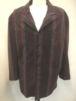 Mens, Historical Fiction Jacket, N/L, Red Burgundy, Dk Gray, Gray, Wool, Stripes - Vertical , 44, Long Jacket (Similar to Frock Coat But Without Waist Seam), Single Breasted, Notched Lapel, 5 Buttons, 3 Pockets, Maroon/Beige Micro-checked Lining, Made To Order Reproduction