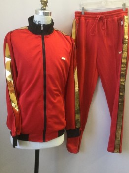Mens, Sweatsuit Jacket, REASON, Red, Black, Metallic, Gold, Polyester, Solid, Large, Jacket, Zip Up, 2 Pockets, Gold Metallic Trim on Side Arms, Black Cuffs and Waist.