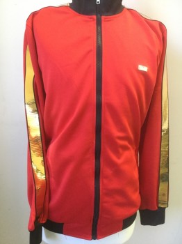 Mens, Sweatsuit Jacket, REASON, Red, Black, Metallic, Gold, Polyester, Solid, Large, Jacket, Zip Up, 2 Pockets, Gold Metallic Trim on Side Arms, Black Cuffs and Waist.