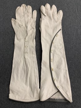 Womens, Gloves 1890s-1910s, MTO, White, Leather, Solid, S/M, Long, Steel Piping Trim on Round Flap Panel Attached, Small Mother of Pearl Button Details, Button Opening Inside Wrist,