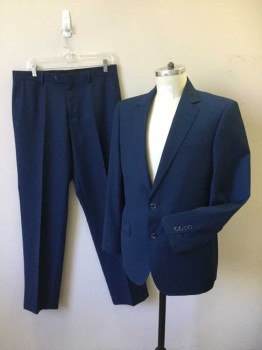 FRANCESCO ROMANI, Blue, Wool, Polyester, Solid, 2 Button Single Breasted, 1 Welt, 2 Pockets with Flaps, 2 Slits at Back