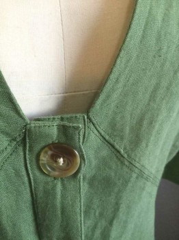 TOPSHOP, Sage Green, Linen, Cotton, Solid, 3/4 Sleeve, Deep V-neck, Tan/Brown Buttons From Bust to Center Front, Puffy Gathered Sleeves, Hem Above Knee