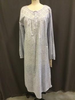 Womens, Nightgown, ADONNA, White, Lavender Purple, Aqua Blue, Navy Blue, Cotton, Polyester, Floral, M, Round Neck, Long Sleeves with Elastic at Wrist, Pullover, Button Placket, Lace Trim and Applique at Front Yoke, Long